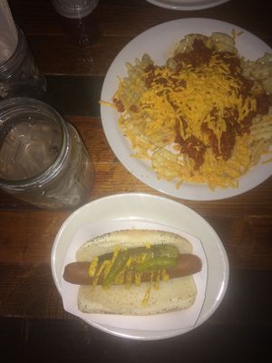 hot dog and chilli cheese fries (all vegan)  at Frank in San Antonio