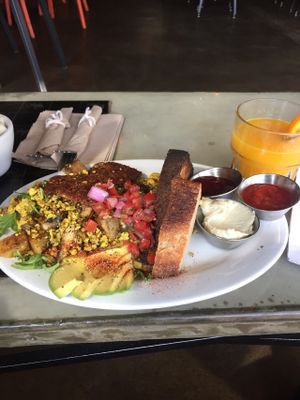 Twinster Vegan Plate- tofu scramble with mushrooms and potatoes, pico, house made mock bacon, avocado on a bed of arugula with toasted bread and sides of cashew cheese, strawberry jam and hot sauce. And house squeezed oj :) at Chimera Cafe in Tulsa