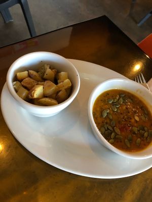 Butternut squash soup, seasoned potatoes  at Chimera Cafe in Tulsa