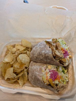 Chick'n ceasar salad wrap w/ chips at NU Kitchen in Somerville