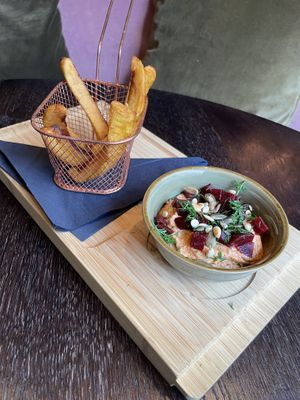 Hummus and plantain  at Mooshka in Amsterdam