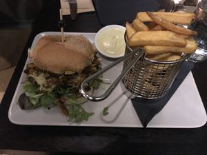 Shawarma burger with fries and garlic sauce at Mooshka in Amsterdam