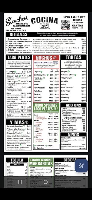 Menu at Sanchos in San Antonio