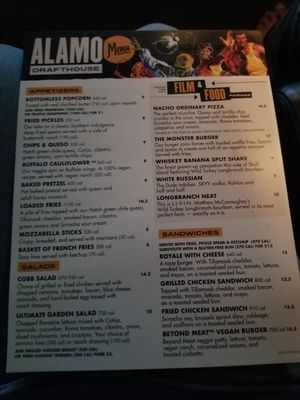 Menu at Alamo Drafthouse Cinema in San Antonio