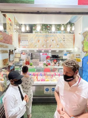 Interior. 1 customer at a time for Covid (& server disinfected hands after changing money.)  at Gelateria Tramonti in Cartagena