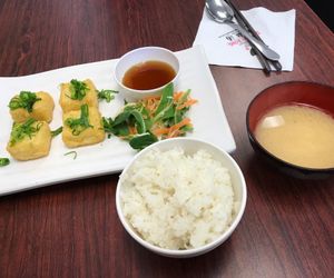 Agedashi tofu with rice and miso  at Samurai Bowl in Christchurch