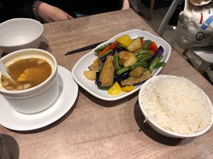 For fried eggplant, potato and beans with rice and soup at Vegetarian Kitchen 素食園坊 in Hong Kong Island