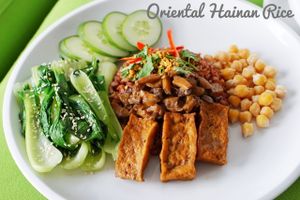 Oriental hainan rice, vegan version,no chick broth,serve with miso wakame soup at Bodhi Leaf Eatery in Denpasar