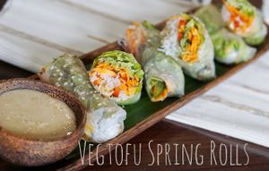 vegetable and tofu springrolls serving with tahini sauce at Bodhi Leaf Eatery in Denpasar