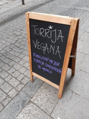 Sign advertising their vegan torrija was finalist in a recent competition at Sweet36 in Madrid