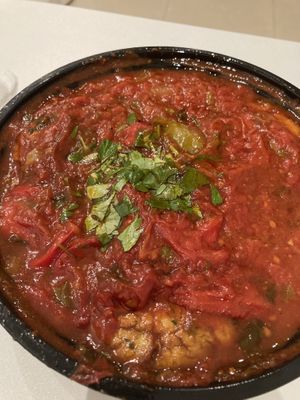 Haraime — tofu “fish” patties in spicy tomato sauce (delivery)  at Four One Six (416) in Tel Aviv