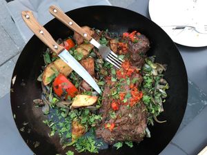 vegan ";steak"; in a pan at Four One Six (416) in Tel Aviv