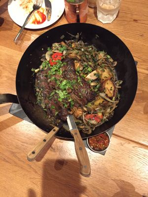 Giant pan of ";old style"; steak at Four One Six (416) in Tel Aviv