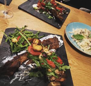 Seitan steak, skewers and fettuccini  at Four One Six (416) in Tel Aviv