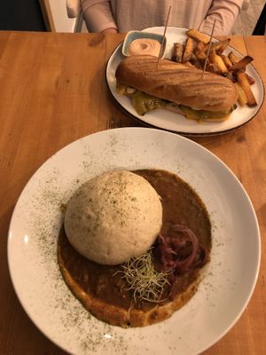 czech onion&seitan goulash with homemade steamed bun at Balans Bistro in Bratislava