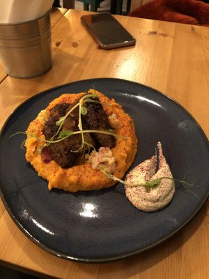 seitan medailons, sweet potato&pumpkin puree, edamame, homemade pickled veg at Balans Bistro in Bratislava