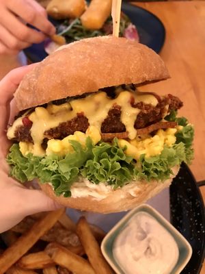 Mac’n’cheese burger with seitan   at Balans Bistro in Bratislava