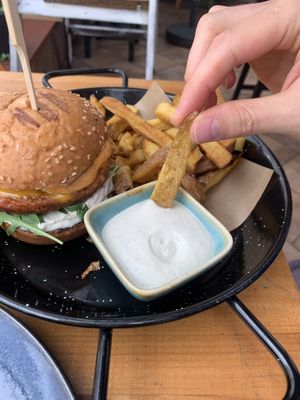 mexican burger with fries  at Balans Bistro in Bratislava
