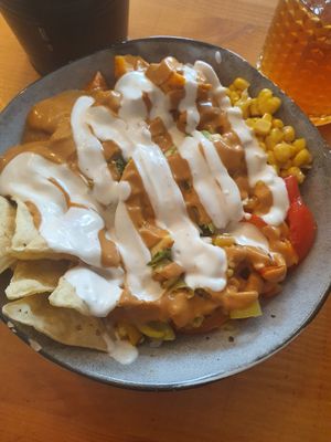 Burrito bowl with loads of sauce at Balans Bistro in Bratislava