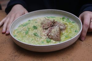 Pea risotto with seitan at Balans Bistro in Bratislava