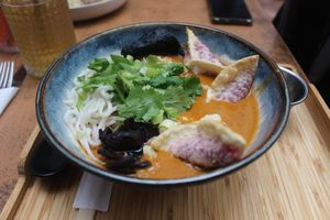 Tom yam with beetroot gyoza at Balans Bistro in Bratislava