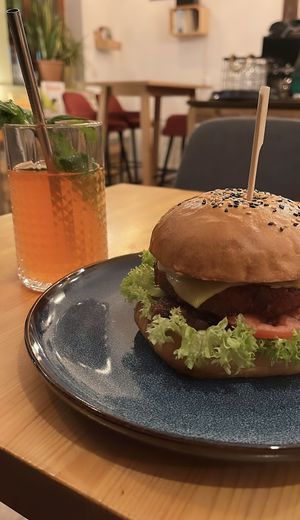 Balans burger and homemade strawberry lemonade😄 at Balans Bistro in Bratislava