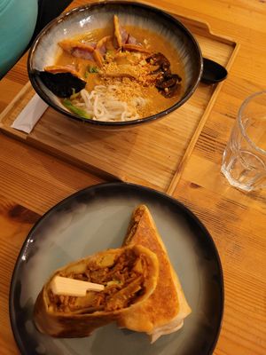 Asian bowl with homemade dumplings and Californian Burrito at Balans Bistro in Bratislava