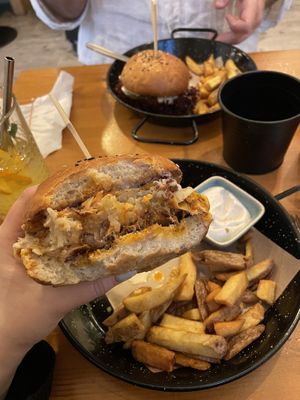 Jackfruit burger with hashbrown and coleslaw  at Balans Bistro in Bratislava