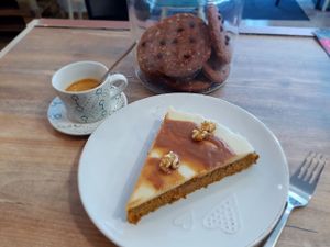 carrot cake, oat - choco cookies and fairtrade café.. at Balans Bistro in Bratislava