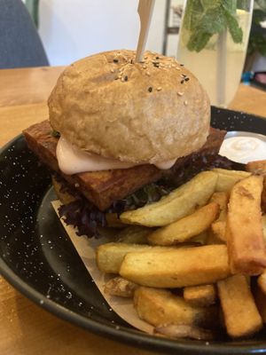green burger (bbq tofu with green pesto and avocado) at Balans Bistro in Bratislava
