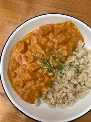 paprikas - made of tomatoes, hokkaido and chickpea, with halušky dumplings  at Balans Bistro in Bratislava