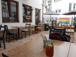 Outdoor sitting area, with glass roof - shelter from the rain ☔😊 at Balans Bistro in Bratislava