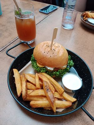 Balans Burger and homemade ice tea -totally recommend both! at Balans Bistro in Bratislava