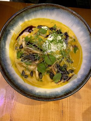 hokkaido creamy soup with gyozas  at Balans Bistro in Bratislava