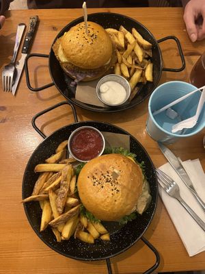 Crunchy burger and Balan burger with fries  at Balans Bistro in Bratislava