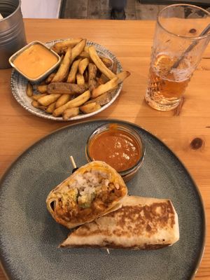 Birria burrito and belgian fries with chipotle dip  at Balans Bistro in Bratislava