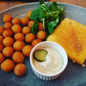 Vegan mozzarela with potato crockets & red lentil mayo at Balans Bistro in Bratislava