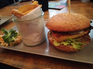 Balans Burger with fries at Balans Bistro in Bratislava