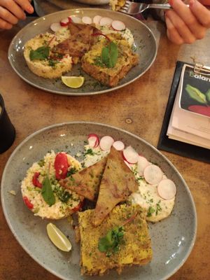 Robi with veggie rice and potato puree at Balans Bistro in Bratislava