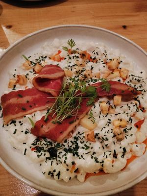 "Bryndza" dumplings. With a cream sauce, apple, bacon and chives at Balans Bistro in Bratislava