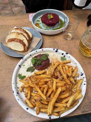 Juicy Marbles Steak with fries in green pepper sauce  at Balans Bistro in Bratislava
