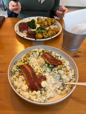 Bryndza Dumplings (Juicy Marbles steak on other plate) at Balans Bistro in Bratislava