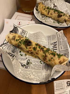 christmas special — "lokse" (potato pancake) with vegan bryndza cheese and tofu bacon bits  at Balans Bistro in Bratislava