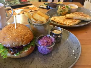 Burger and mushrooms tortilla  at Balans Bistro in Bratislava