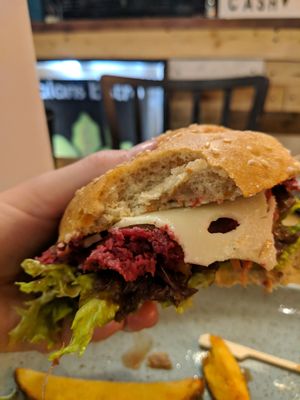 Balan burger. Great vegan cheese. Tasty fries in the background. at Balans Bistro in Bratislava