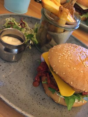 mexican burger with baked fries! my go to at Balans Bistro in Bratislava