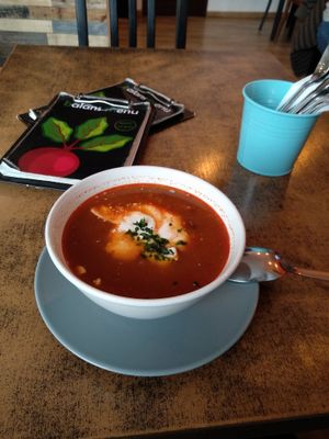 Soup of the day: cabbage, tempeh, potatoes, dried prunes. Spicy and filling! at Balans Bistro in Bratislava