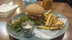 Balans burger, delicious fries, and amazing sauce! at Balans Bistro in Bratislava