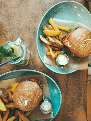 Mexican and balans burgers with French fries, dip and homemade lemonade at Balans Bistro in Bratislava