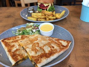 Mushroom quesadilla and Balans burger at Balans Bistro in Bratislava